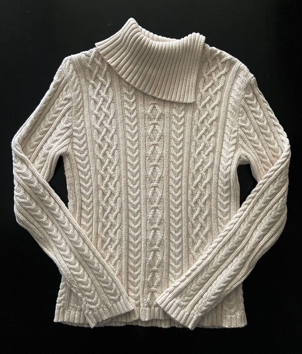WAINSCOTT Cream/White Braided Knit Fisherman Sweater w/Split Collar sz Small